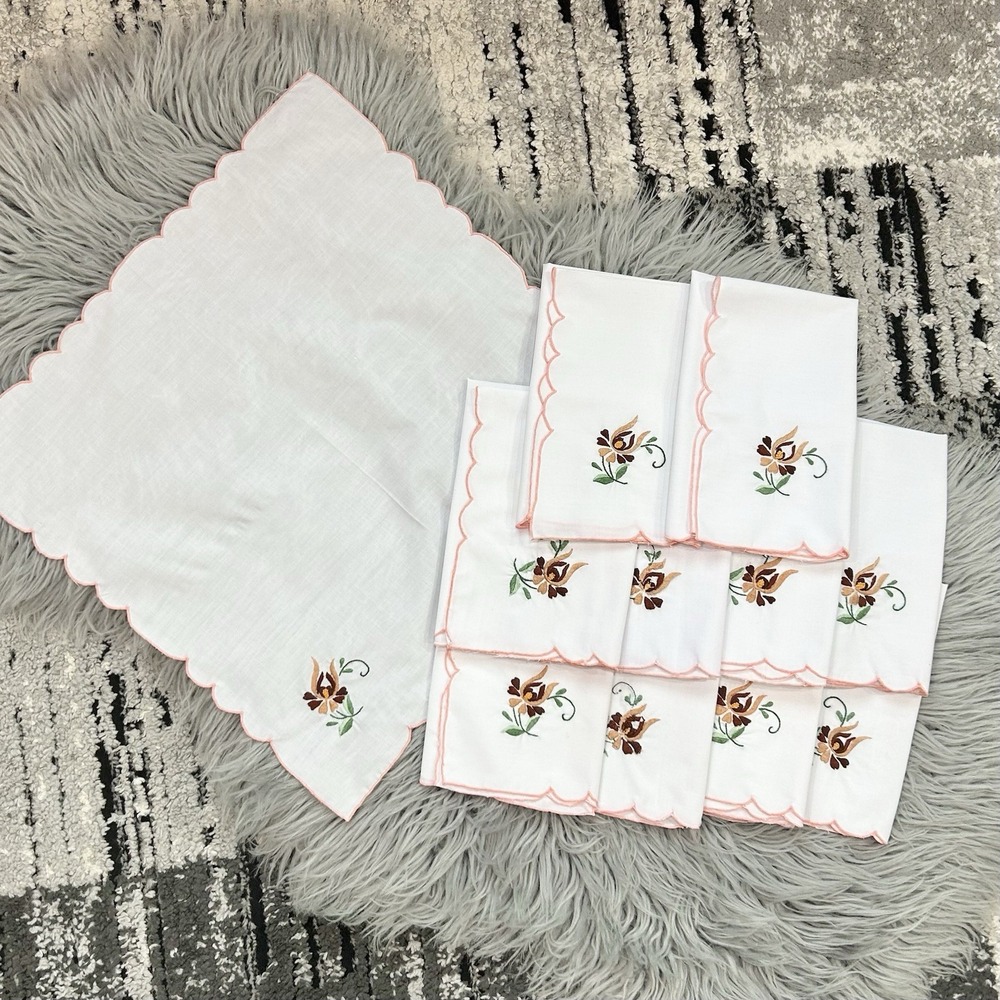 Vintage 12 Embroidered Floral Napkins/ Handkerchief White Linen Shabby Chic Lace